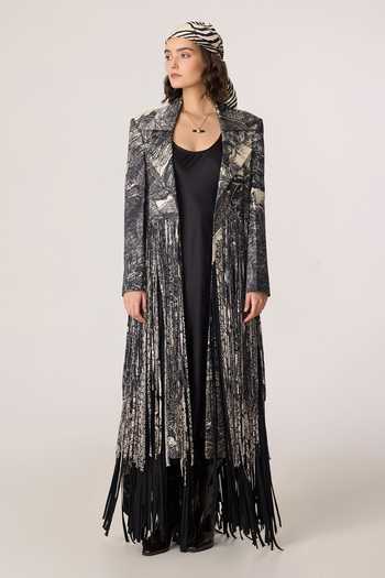 Saaksha & Kinni_Grey Satin, Chiffon, Twill Tassels, Fringe Collared Kimi Jacket _Online_at_Aza_Fashions