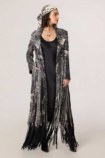 Shop_Saaksha & Kinni_Grey Satin, Chiffon, Twill Tassels, Fringe Collared Kimi Jacket _Online_at_Aza_Fashions