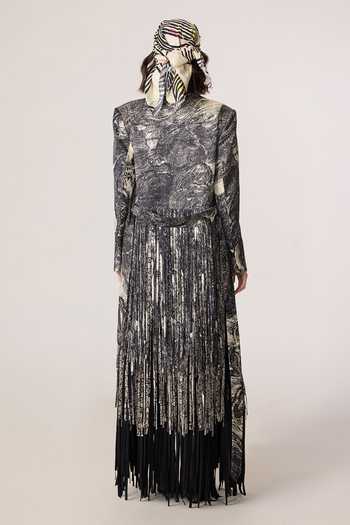 Shop_Saaksha & Kinni_Grey Satin, Chiffon, Twill Tassels, Fringe Collared Kimi Jacket _at_Aza_Fashions