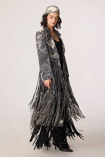 Saaksha & Kinni_Grey Satin, Chiffon, Twill Tassels, Fringe Collared Kimi Jacket _at_Aza_Fashions