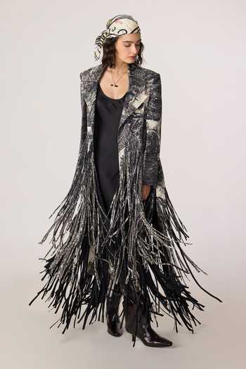 Buy_Saaksha & Kinni_Grey Satin, Chiffon, Twill Tassels, Fringe Collared Kimi Jacket _at_Aza_Fashions