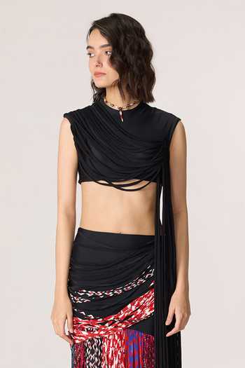 Saaksha & Kinni_Black Chiffon, Lycra Tassels High Neck Melia Blouse _Online_at_Aza_Fashions