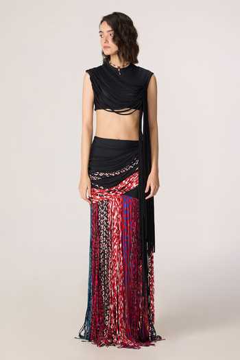 Buy_Saaksha & Kinni_Black Chiffon, Lycra Tassels High Neck Melia Blouse _Online_at_Aza_Fashions
