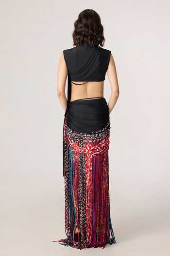 Shop_Saaksha & Kinni_Black Chiffon, Lycra Tassels High Neck Melia Blouse _at_Aza_Fashions