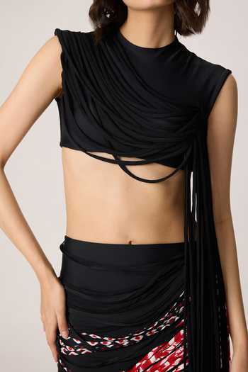 Shop_Saaksha & Kinni_Black Chiffon, Lycra Tassels High Neck Melia Blouse _Online_at_Aza_Fashions