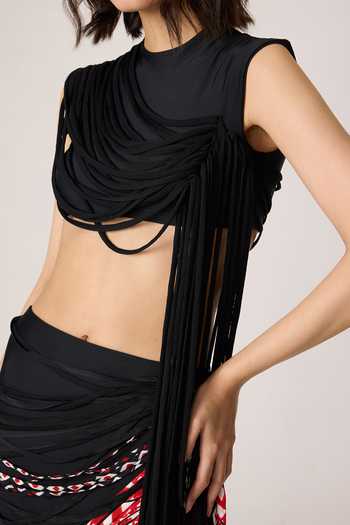 Saaksha & Kinni_Black Chiffon, Lycra Tassels High Neck Melia Blouse _at_Aza_Fashions