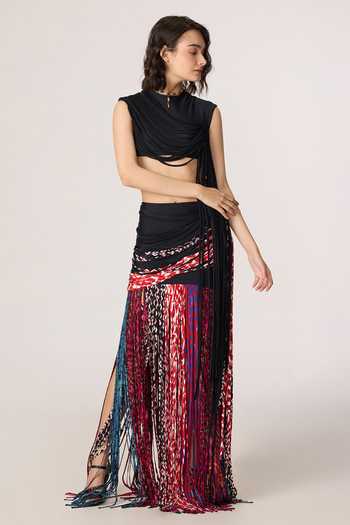 Buy_Saaksha & Kinni_Black Chiffon, Lycra Tassels High Neck Melia Blouse 