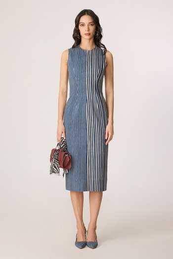 Saaksha & Kinni_Blue Denim High Neck Cassidy Abstract Pattern Dress _Online_at_Aza_Fashions
