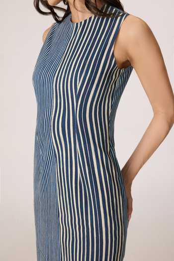 Saaksha & Kinni_Blue Denim High Neck Cassidy Abstract Pattern Dress _at_Aza_Fashions
