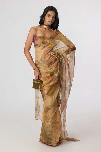 Shop_Saaksha & Kinni_Gold Silk, Tissue Square Neck Malaika Blouse 