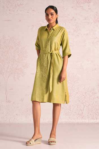 Shop_Kaveri_Green Linen Sequins, Pearls Button-down Neck Shimmer Strings Kyra Dress _Online_at_Aza_Fashions