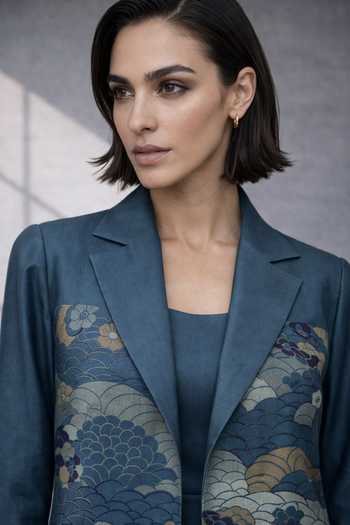 Oja_Blue Silk, Chanderi Notched Neck Printed Jacket Set _Online_at_Aza_Fashions