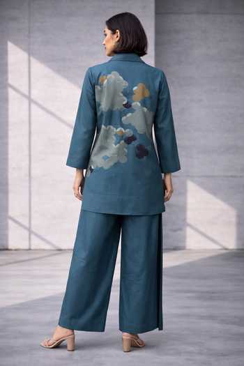 Shop_Oja_Blue Silk, Chanderi Notched Neck Printed Jacket Set _at_Aza_Fashions
