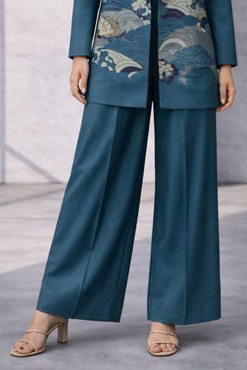 Buy_Oja_Blue Silk, Chanderi Notched Neck Printed Jacket Set _Online_at_Aza_Fashions