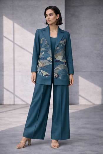 Buy_Oja_Blue Silk, Chanderi Notched Neck Printed Jacket Set _at_Aza_Fashions
