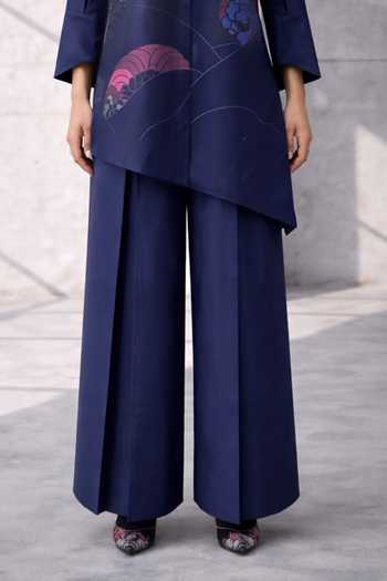 Oja_Blue Silk, Chanderi Collared, Yes Asymmetric Kurta And Trouser Set _Online_at_Aza_Fashions