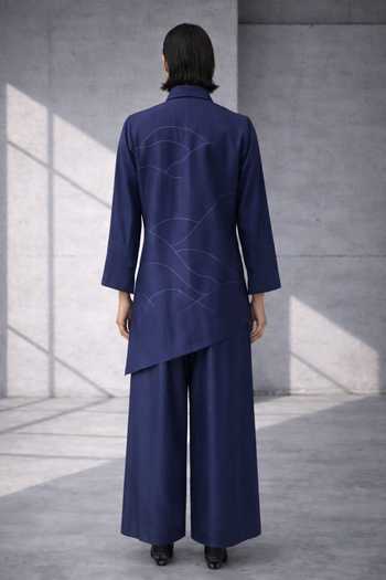 Shop_Oja_Blue Silk, Chanderi Collared, Yes Asymmetric Kurta And Trouser Set _at_Aza_Fashions