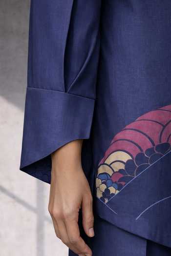 Buy_Oja_Blue Silk, Chanderi Collared, Yes Asymmetric Kurta And Trouser Set _Online_at_Aza_Fashions