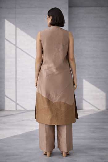 Shop_Oja_Beige Silk, Chanderi Embroidery Round Neck Kurta And Trouser Set _at_Aza_Fashions