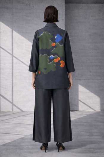 Shop_Oja_Grey Silk, Chanderi Collared Printed Jacket Set _at_Aza_Fashions