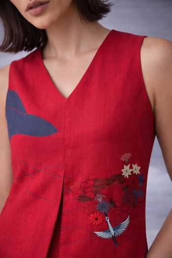 Oja_Red Silk, Chanderi V-neck Embroidered Floral Sleeveless Jumpsuit _Online_at_Aza_Fashions