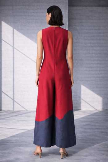 Shop_Oja_Red Silk, Chanderi V-neck Embroidered Floral Sleeveless Jumpsuit _at_Aza_Fashions