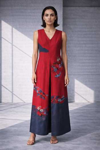 Buy_Oja_Red Silk, Chanderi V-neck Embroidered Floral Sleeveless Jumpsuit _at_Aza_Fashions