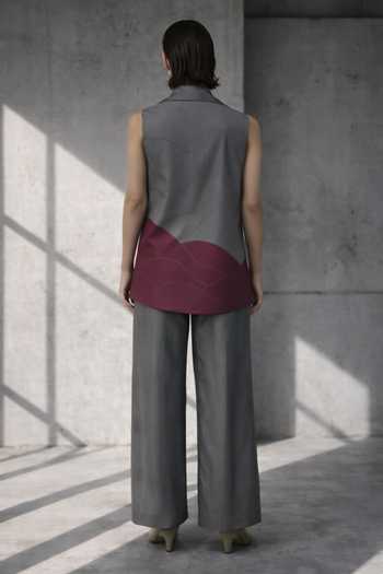 Shop_Oja_Grey Silk, Chanderi Blazer And Trouser Set _at_Aza_Fashions