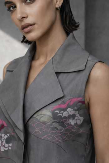 Oja_Grey Silk, Chanderi Blazer And Trouser Set _Online_at_Aza_Fashions