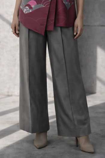 Buy_Oja_Grey Silk, Chanderi Blazer And Trouser Set _Online_at_Aza_Fashions