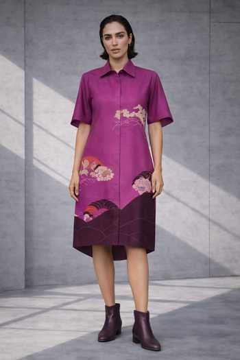 Buy_Oja_Pink Silk, Chanderi Collared Shirt Dress _at_Aza_Fashions