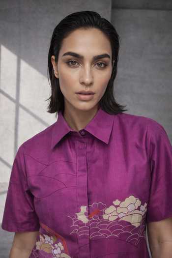 Oja_Pink Silk, Chanderi Collared Shirt Dress _Online_at_Aza_Fashions