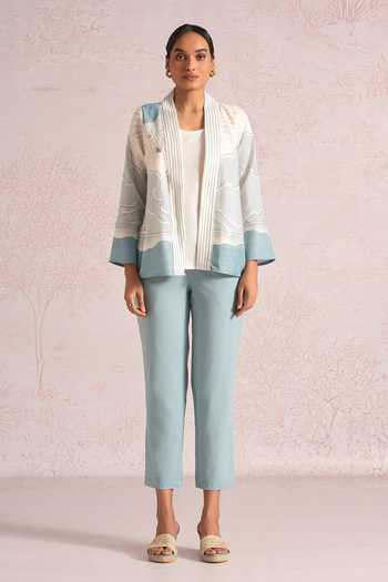 Buy_Kaveri_Blue Linen Foil Printing Shawl Neck Silver Lylah Jacket And Pant Set _at_Aza_Fashions