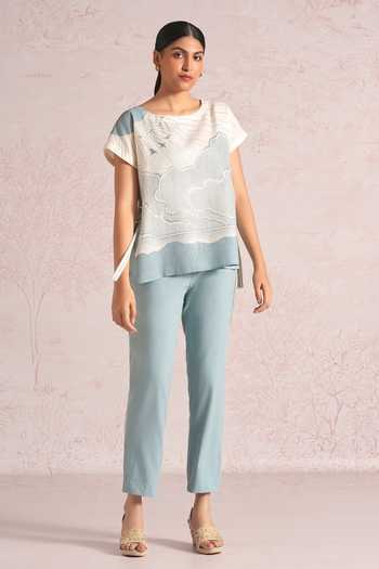 Buy_Kaveri_Blue Linen Foil Printing Round Neck Silver Zoya Top And Pant Set _at_Aza_Fashions