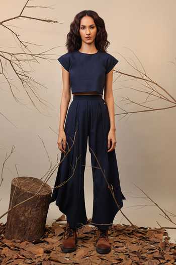 Buy_MATI_Blue Cotton Box Pleated Cowl Pant _at_Aza_Fashions