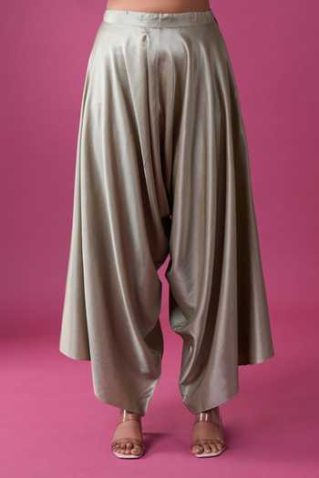Buy_Prisho_Green Beads, Stones, Tassels Round Neck Embroidered Kaftan And Draped Pant Set 