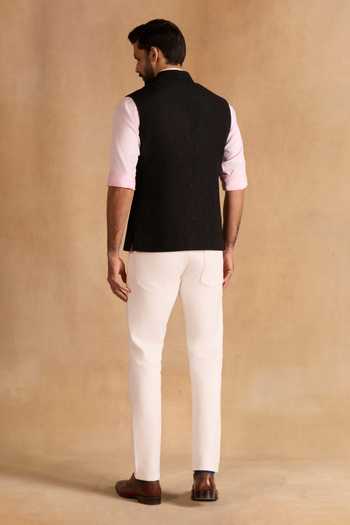 Shop_Raghavendra Rathore Jodhpur_Black Jacquard, Suiting Nocturne Nehru Jacket _at_Aza_Fashions