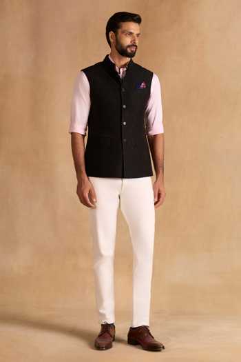 Raghavendra Rathore Jodhpur_Black Jacquard, Suiting Nocturne Nehru Jacket _Online_at_Aza_Fashions