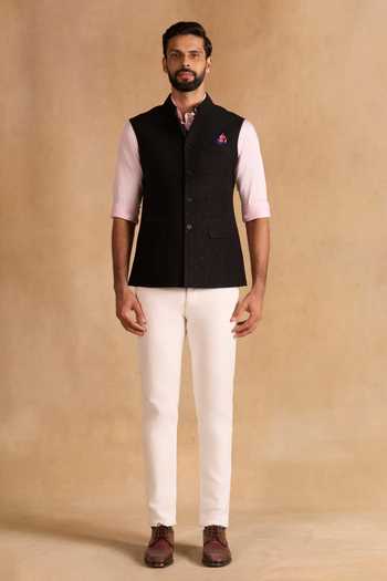 Buy_Raghavendra Rathore Jodhpur_Black Jacquard, Suiting Nocturne Nehru Jacket _Online_at_Aza_Fashions