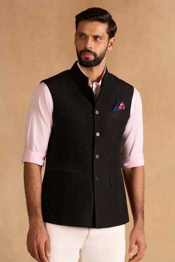 Buy_Raghavendra Rathore Jodhpur_Black Jacquard, Suiting Nocturne Nehru Jacket _at_Aza_Fashions