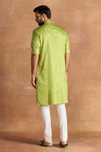 Shop_Raghavendra Rathore Jodhpur_Green Silk Embroidery Celadon Brocade Pattern Kurta _at_Aza_Fashions