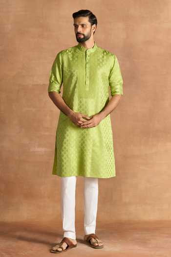 Buy_Raghavendra Rathore Jodhpur_Green Silk Embroidery Celadon Brocade Pattern Kurta _at_Aza_Fashions