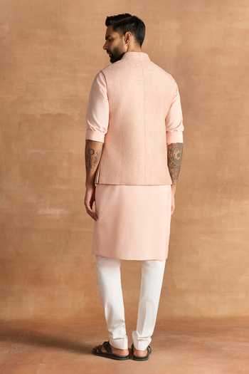 Shop_Raghavendra Rathore Jodhpur_Peach Silk Raw Nehru Jacket _at_Aza_Fashions