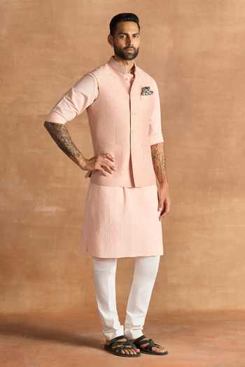 Buy_Raghavendra Rathore Jodhpur_Peach Silk Raw Nehru Jacket _Online_at_Aza_Fashions