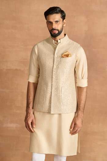 Buy_Raghavendra Rathore Jodhpur_Beige Silk Champagne Nehru Jacket _at_Aza_Fashions