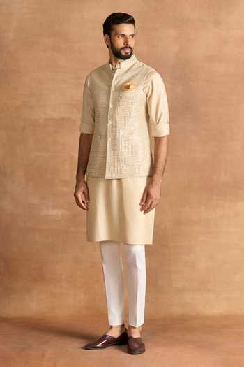 Shop_Raghavendra Rathore Jodhpur_Beige Silk Champagne Nehru Jacket _at_Aza_Fashions