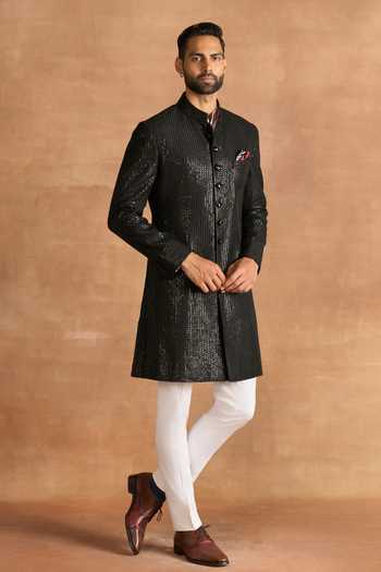 Buy_Raghavendra Rathore Jodhpur_Black Silk Sequins Embroidered Sherwani _at_Aza_Fashions