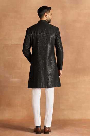 Shop_Raghavendra Rathore Jodhpur_Black Silk Sequins Embroidered Sherwani _at_Aza_Fashions
