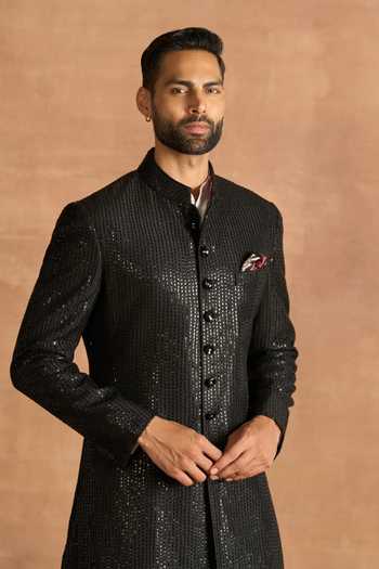Buy_Raghavendra Rathore Jodhpur_Black Silk Sequins Embroidered Sherwani _Online_at_Aza_Fashions