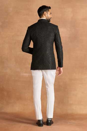 Shop_Raghavendra Rathore Jodhpur_Black Silk Sequins, Zari Radiant Bandhgala _at_Aza_Fashions